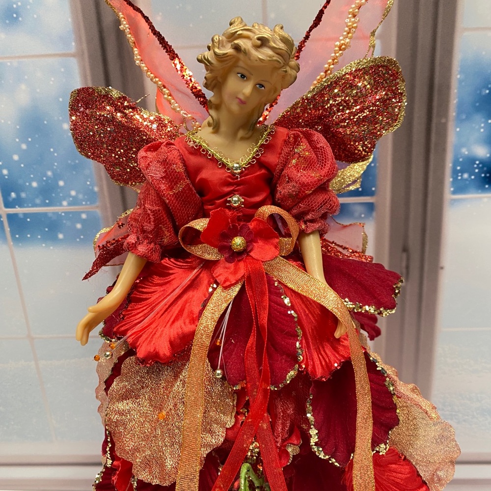 VTG 15” Red Petal Fairy Angel Tree Topper Layered Petal Gown, Glitter Wings - Picture 9 of 9